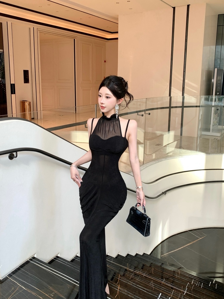 纯欲黑色挂脖网纱连衣裙女修身显瘦包臀鱼尾长裙性感礼服裙 服裝批發女裝批發服飾貨源