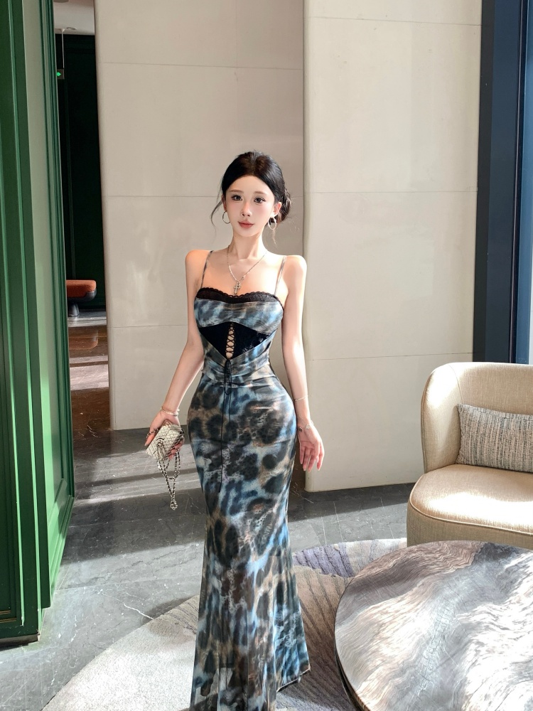 性感辣妹豹纹蕾丝拼接绑带吊带连衣裙高级修身包臀鱼尾长裙 服裝批發女裝批發服飾貨源