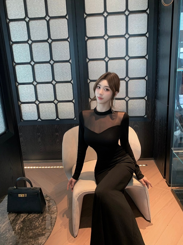 高级感小高领网纱拼接黑色包臀长裙御姐修身长袖礼服连衣裙 服裝批發女裝批發服飾貨源