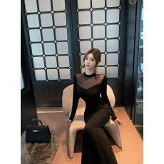 批发实拍高级感小高领网纱拼接黑色包臀长裙御姐修身长袖礼服<b class='q'>连衣裙</b>