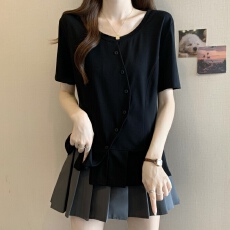 批发大码2025夏季新款胖MM设计感不规则小众褶皱正肩遮肚显瘦百搭<b class='q'>T</b><b class='q'>血</b>