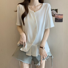 批发大码2025夏季新款胖MM设计感不规则小众褶皱正肩遮肚显瘦百搭<b class='q'>T</b><b class='q'>血</b>