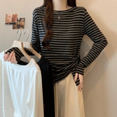 批发大码2025<b class='q'>秋</b>冬新款不规则条纹t恤女设计感掐腰显瘦长袖上衣打底衫