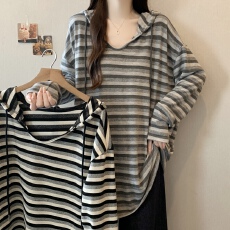 批发条纹连帽正肩长袖T恤大码女装2025秋冬胖mm<b class='q'>中长款</b><b class='q'>打底衫</b>卫衣上衣