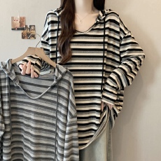 批发条纹连帽正肩长袖T恤大码女装2025秋冬胖mm<b class='q'>中长款</b><b class='q'>打底衫</b>卫衣上衣