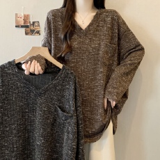 批发大码女装复古慵懒风V领扎染口袋长袖T恤女胖MM宽松显瘦遮肚子上衣