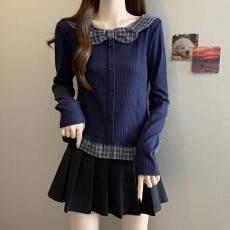 批发2025秋<b class='q'>冬</b>新款胖MM蓝色蝴蝶结娃娃领格子拼接外穿短款针织杉上衣女