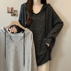 批发大码胖mm2025秋<b class='q'>冬</b>新款条纹连帽长袖T恤宽松显瘦遮肚子显瘦上衣女