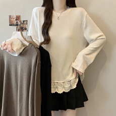 批发大码<b class='q'>秋</b>季新款胖MM圆领宽松遮肉显瘦设计感蕾丝拼接长袖T恤上衣女