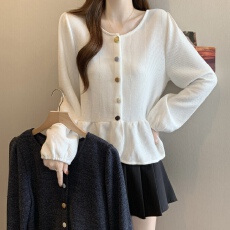 批发大码春季款胖MM圆领韩版彩色纽扣褶皱设计感百搭显瘦针织<b class='q'>开衫</b><b class='q'>女</b>