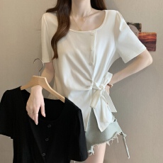 批发夏季新款胖MM圆领正肩系带下摆开叉设计感不规则洋气百搭显瘦上衣