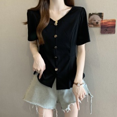 批发2026夏季新款胖MM时尚正肩V领收腰遮肚显瘦设计感洋气百搭上衣女