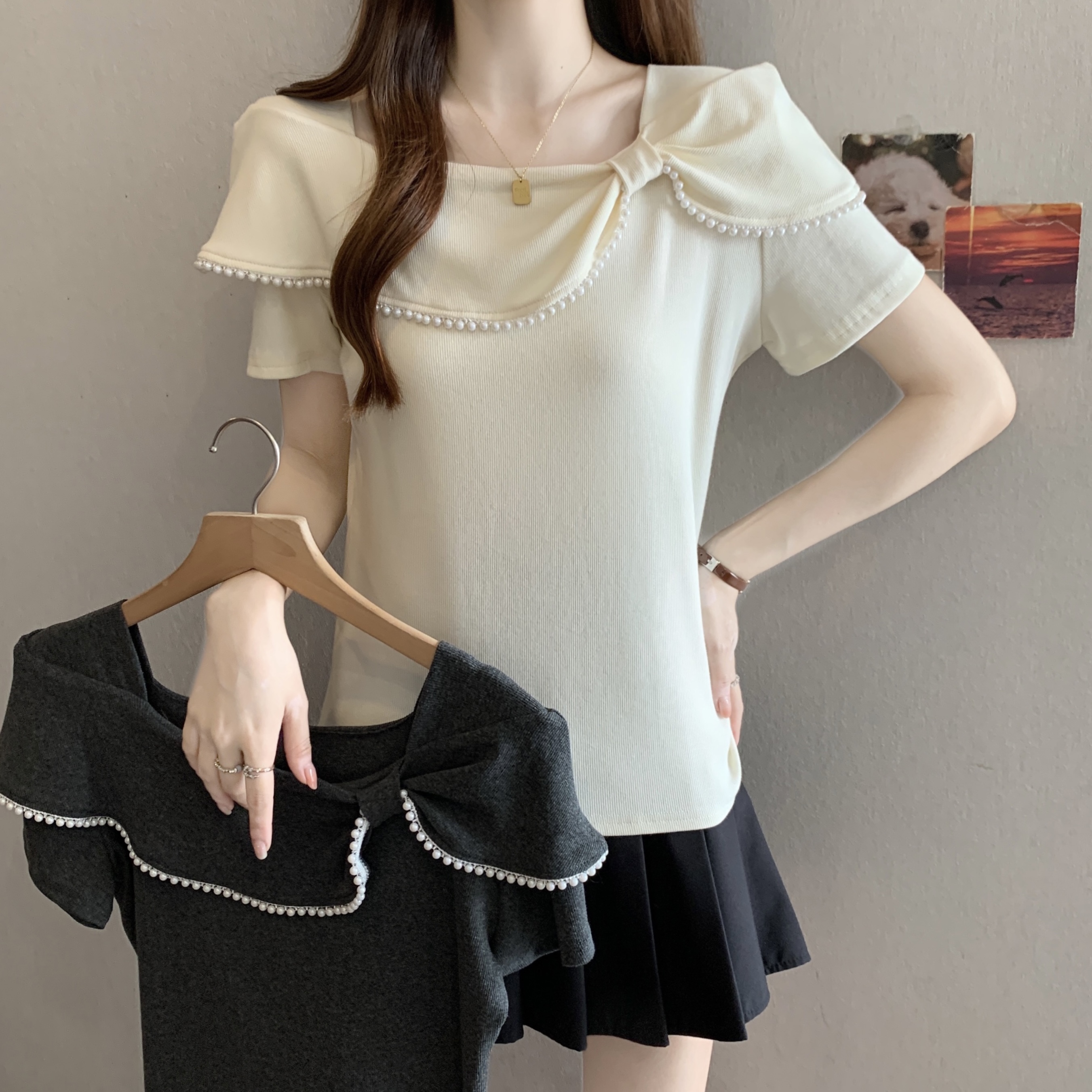 여름 새로운 지방 mm 달콤한 스타일 광장 칼라 나비 매듭 진주 패치워크 디자인 센스 패션 슬림해 보이는 외국 가스 맨위 여성