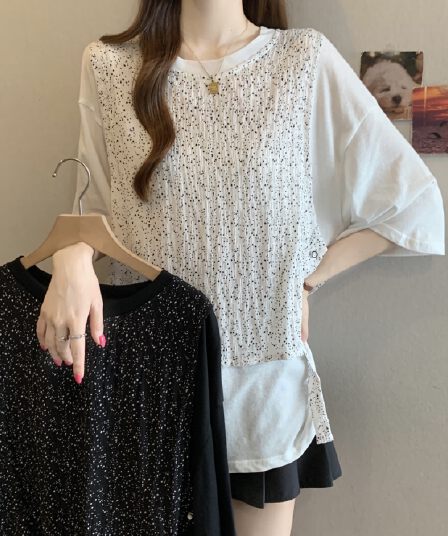 여름 새로운 지방 mm 라운드 넥 느긋한 바람 패치워크 페이크 레이어드 디자인 센스 캐주얼 다용도 표지 고기 슬림해 보이는 티셔츠 여성