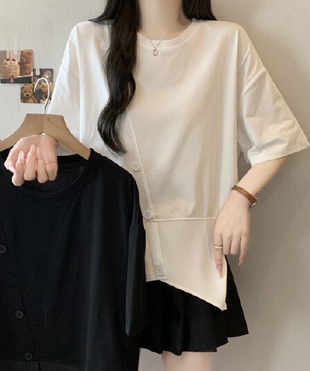 2026 여름 새로운 지방 mm 라운드 넥 패치워크 불규칙 디자인 센스 루즈핏 표지 고기 슬림해 보이는 캐주얼 다용도 맨위