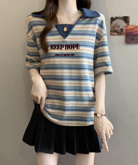 여름 새로운 지방 mm 배색 스트라이프 POLO 칼라 디자인 센스 슬림해 보이는 캐주얼 다용도 루즈핏 표지 고기 반팔 맨위