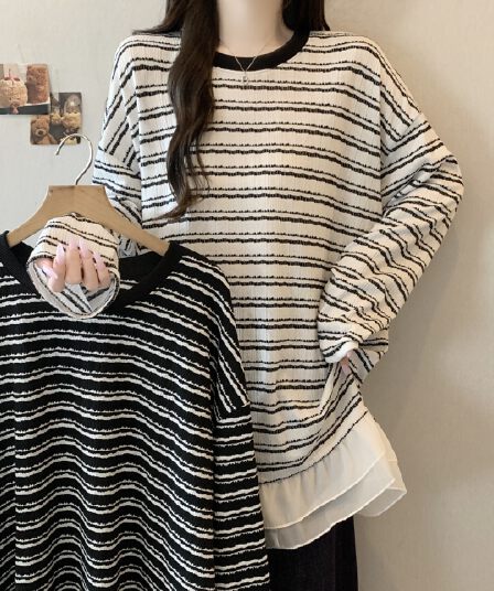 가을 새로운 지방 mm 라운드 넥 긍정적 인 어깨 스트라이프 프릴 밑단 디자인 센스 루즈핏 중간 길이 외국 가스 맨위