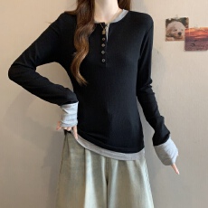 批发美式复古假两件长袖T恤女2026秋季新款亨利领收腰打底衫修身上衣