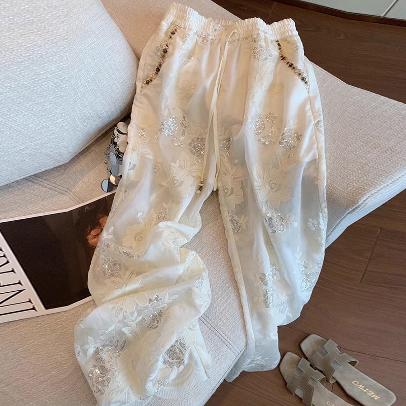 새로운 중국어 무거운 작업 자수 스팽글 비딩 와이드 레깅스 바지 여름 새로운 고급 기질 슬림 얇은 섹션 스트레이트 바지