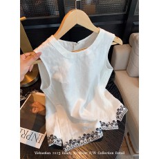 批发白色刺绣花边苎麻无袖上衣女夏新款法式高级气质简约显瘦百搭背心