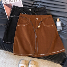 批发实拍<b class='q'>时尚</b>绣花咖色灯芯绒半身裙女秋冬2025高腰a字包臀裙显瘦短裙