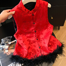 批发实拍红色新中式提花轻国风高端夹棉马甲女2025冬新款毛毛唐装上衣