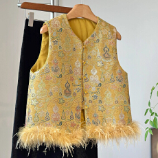 批发高级感减龄织金葫芦新中式夹棉<b class='q'>马甲</b>女冬季保暖外穿鸵鸟毛背心叠穿