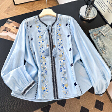批发实拍新中式天丝刺绣复古系带小衫女2026春季新品时尚简约长袖上衣