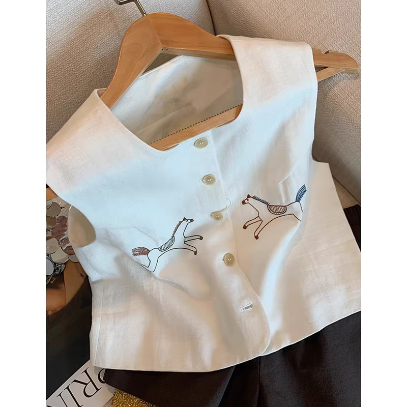 화이트 자수 라미 민소매 조끼 맨위 여성 여름 새로운 고급 센스 품격 다용도 쇼트 스타일 오래된 돈 바람 베스트