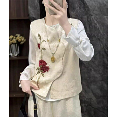 批发新中式钉珠石榴花法绣气质叠穿马甲2026春夏季新款马夹背心女