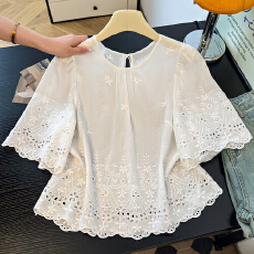 批发实拍大码文艺复古全棉绣花上衣女短袖圆领白色茶服小衫夏季女装