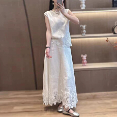 批发小香风套装女2026新款<b class='q'>时尚</b>洋气法式气质白色亚麻背心半身裙两件套