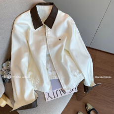批发老钱风白色拼皮撞色翻领外套女<b class='q'>秋</b>2026新款复古休闲高级感小众夹克