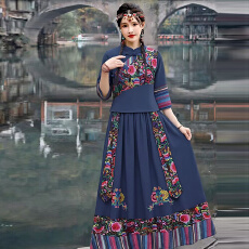 批发民族风女装春夏季新款<b class='q'>修身</b>立领中袖刺绣花半身<b class='q'>裙</b>子广场舞套装