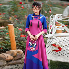 批发中式民族风女装立领盘扣刺绣长裙女复古国风拼色套装<b class='q'>舞台</b>装