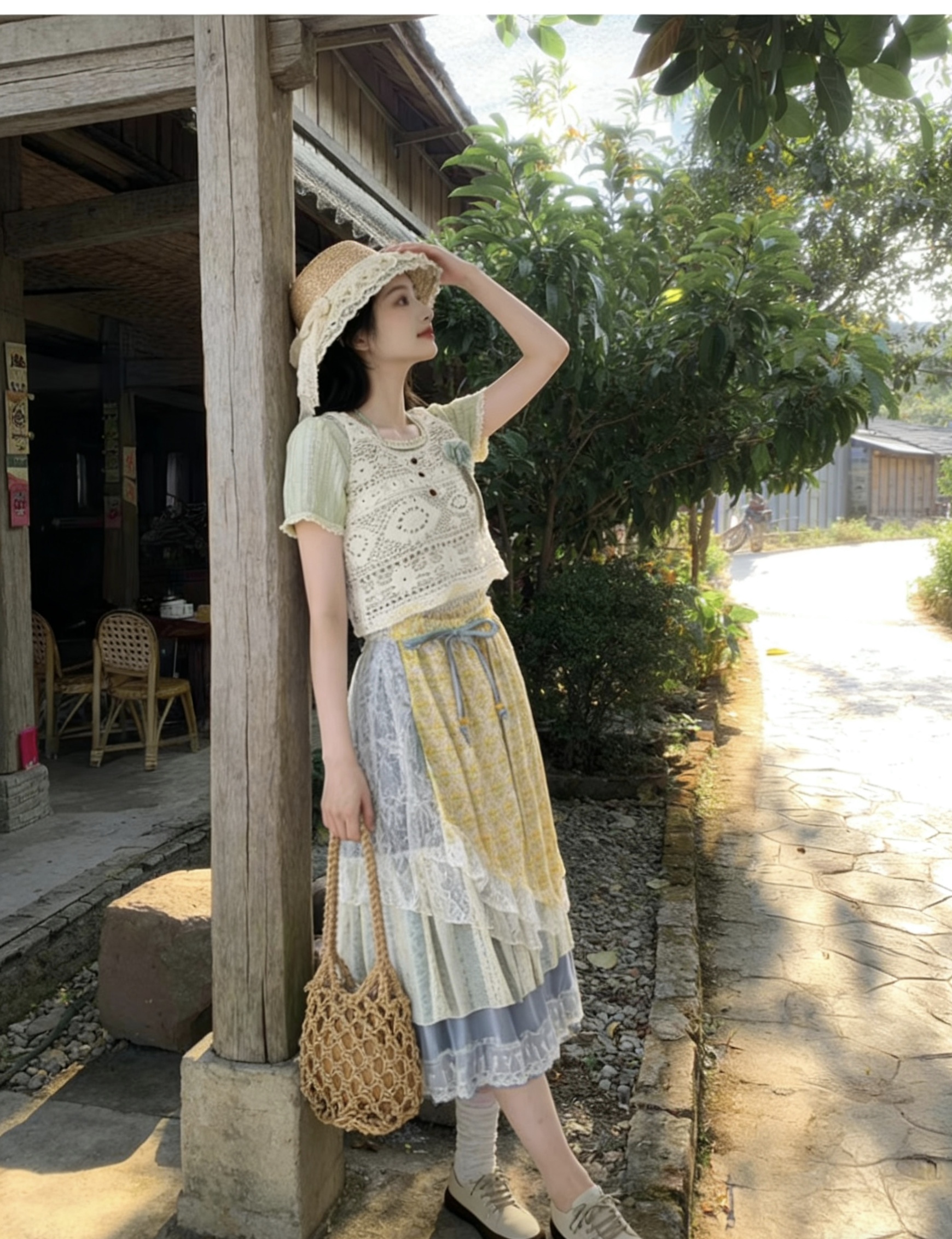 프랑스식 전원 바람 레이스 프린트 패치워크 불규칙 반신 스커트 센 부서 달콤함 캐주얼 연령 감소 티셔츠 소녀 바람