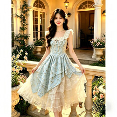 批发法式重工夏季度假拼接设计碎花不规则新款修身显瘦高腰<b class='q'>连衣裙</b>粉色