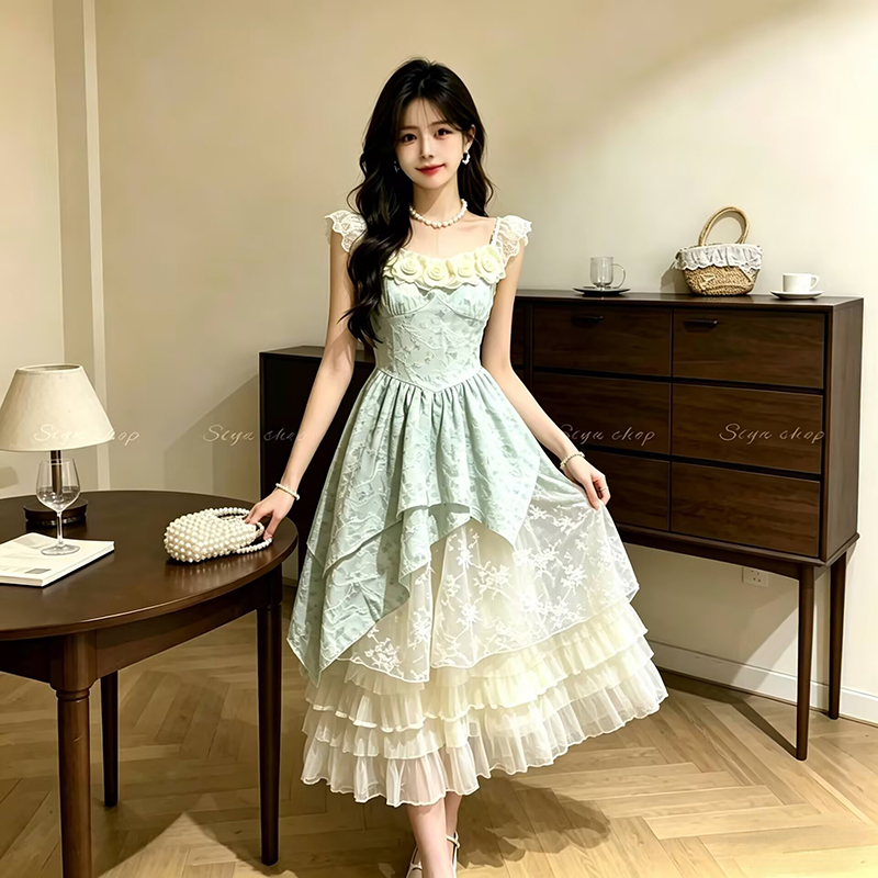 프랑스식 품격 휴가 바람 녹색 여성 드레스 2026 여름 새로운 불규칙 패치워크 디자인 센스 길다 치마