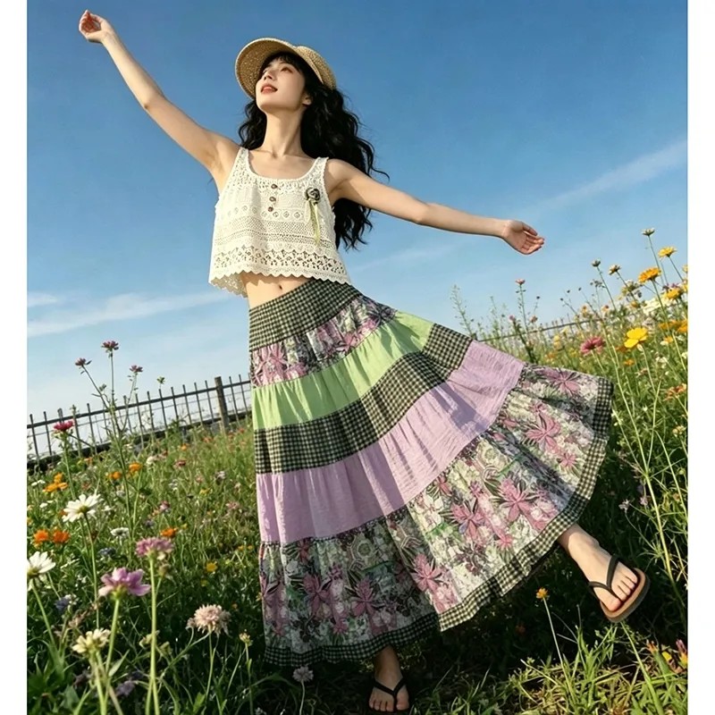 레트로 패치워크 전원 바람 세트 홀로우 아웃 레이스 조끼 슬립 여성 반신 스커트 여름 새로운 센 부서 A라인 스커트 여름