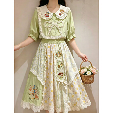 批发森系少女田园风粉色碎花复古拼接娃娃领衬衫夏季温柔网纱<b class='q'>蕾丝</b>半身