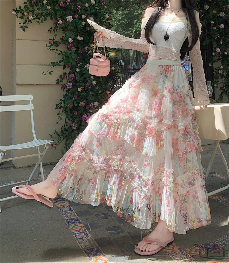 Real shot of beaded irregular skirt hem yarn skirt cake skirt mesh long skirt