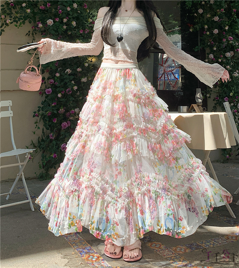 Real shot of beaded irregular skirt hem yarn skirt cake skirt mesh long skirt