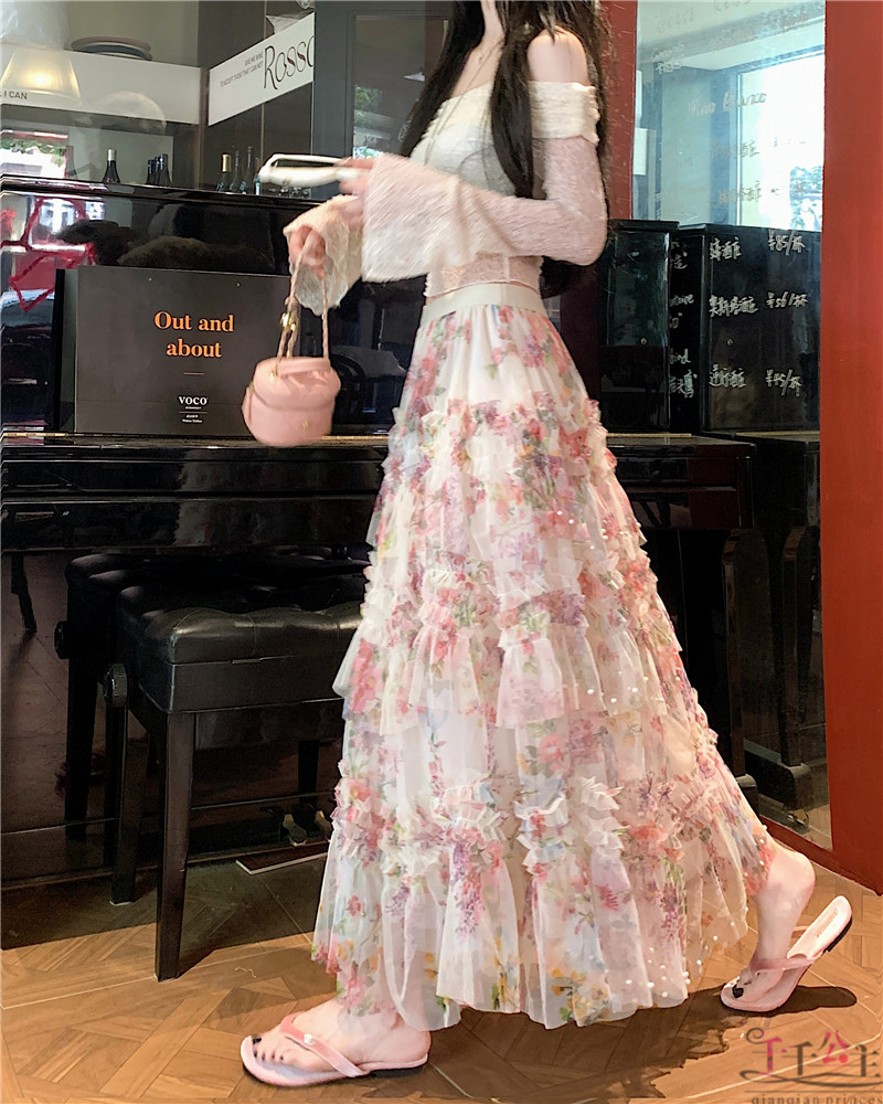 Real shot of beaded irregular skirt hem yarn skirt cake skirt mesh long skirt