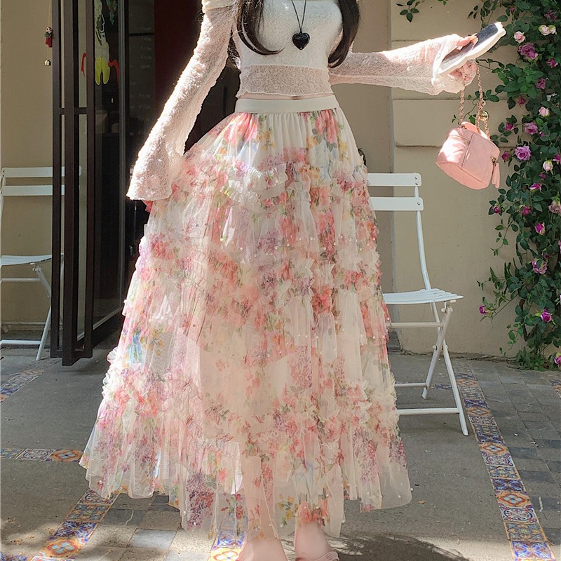 Real shot of beaded irregular skirt hem yarn skirt cake skirt mesh long skirt