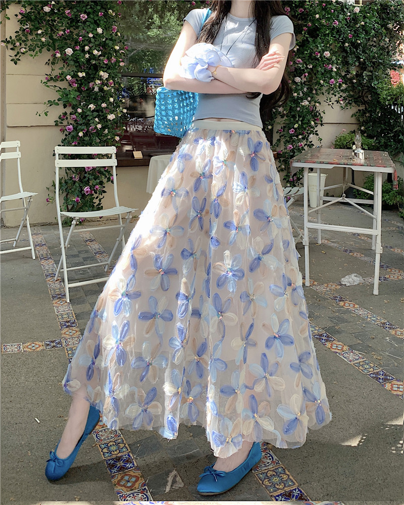 Real shot of mesh skirt for women with high waist slim embroidered sequin a line skirt for gauze skirt