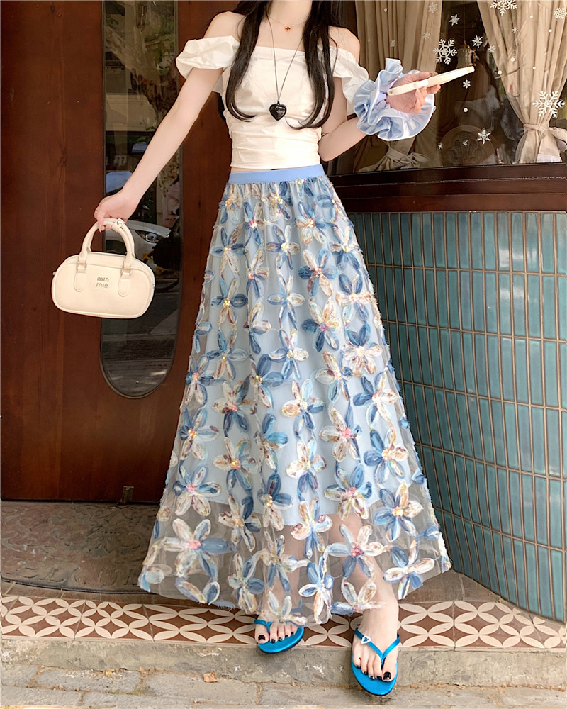 Real shot of mesh skirt for women with high waist slim embroidered sequin a line skirt for gauze skirt