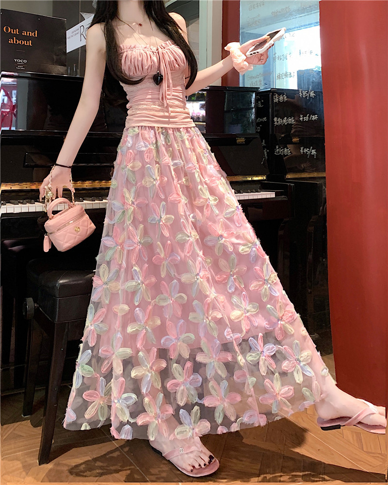 Real shot of mesh skirt for women with high waist slim embroidered sequin a line skirt for gauze skirt