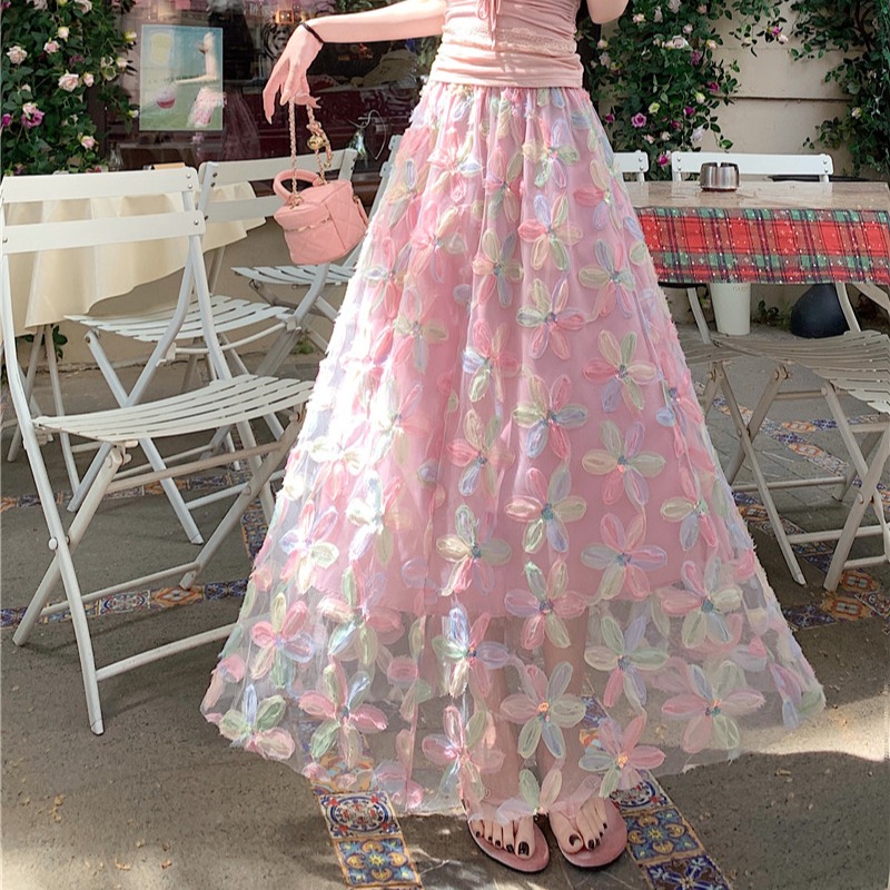 Real shot of mesh skirt for women with high waist slim embroidered sequin a line skirt for gauze skirt