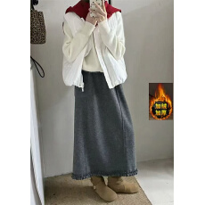 批发现 实拍实价 秋冬加绒加厚呢半身裙女高腰显瘦开叉长裙