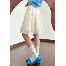 批发现 实价 杏色波点<b class='q'>半身裙</b>女显瘦a字裙木耳边拼接蛋糕裙短裙